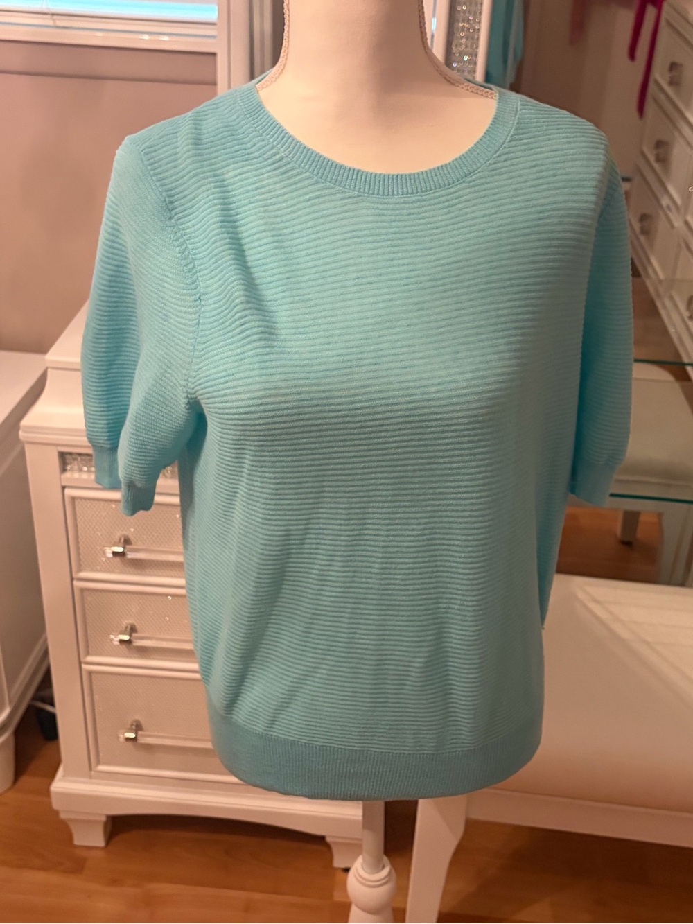 Ann Taylor Blue Linen Blend Elbow Sleeve Ribbed Lightweight Sweater Size M